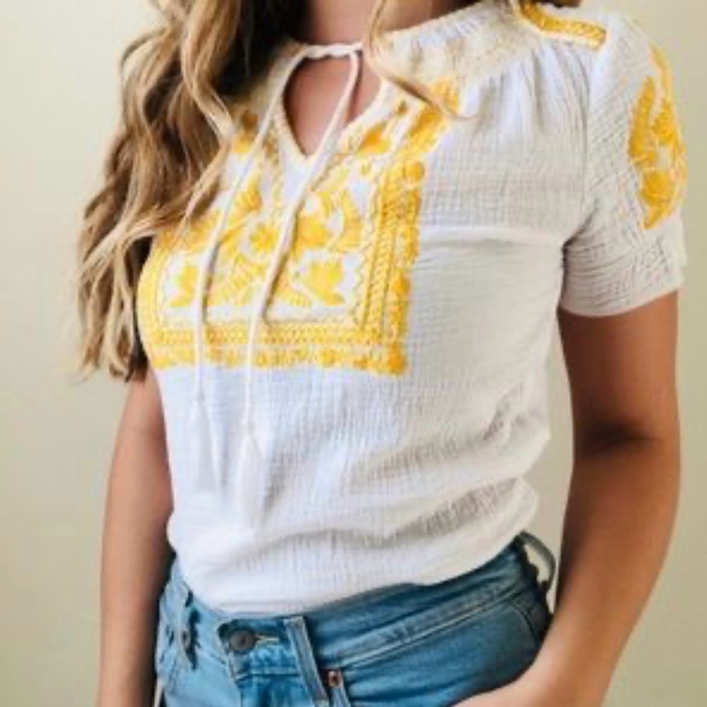 White and Yellow Tie Front Embellished Blouse